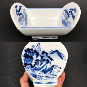 Rare VTG Boat Shape Chinese Blue Delft White Porcelain Bowl Mountain Waterfall
